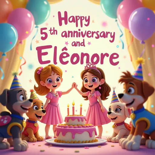Prompt: Scène joyeuse d’anniversaire pour une petite fille de 5 ans nommée Éléonore.

Thème : princesses et Pat Patrouille

Décor : une fête d’anniversaire colorée avec ballons, guirlandes, et un gâteau d’anniversaire au centre.

Personnages : une princesse souriante (robe rose ou violette, couronne scintillante) qui tient la main d’Éléonore, une petite fille joyeuse avec un bandeau ou une robe festive. À côté, plusieurs chiots de Pat Patrouille (Chase, Skye, et Marshall par exemple) participent à la fête, avec des accessoires festifs (chapeaux de fête, confettis).

Ambiance : lumineuse, festive, avec des couleurs pastel et vives, beaucoup de sourires et de gaieté.

Texte intégré (optionnel) : "Joyeux 5ème anniversaire Éléonore !" en lettres colorées et enfantines.