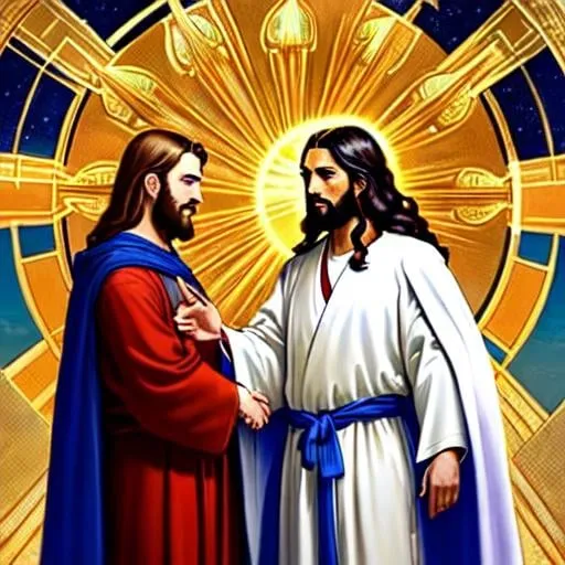 Prompt: Museum style oil painting of (Jesus the Christ) with a halo over his head is making a deal and shaking hands with (ugly horned Satan the Devil), and they appear as traditional Biblical characters, and (Jesus the Christ) has a (thin circular golden halo) above his head and he is wearing a traditional full length white robe with blue sash, and the (ugly horned Satan the Devil) is wearing all dark red robe with red sash and has two visible large black horns on his head and he has a visible long forked tail, they are both standing on clouds with the Earth's churches in the background, highly detailed faces, cherubs are watching from the upper corners, inspired by El Greco, and the entire image is bounded by gilded frame like for a museum display, museum quality, fine art style, clear highly detailed imagery