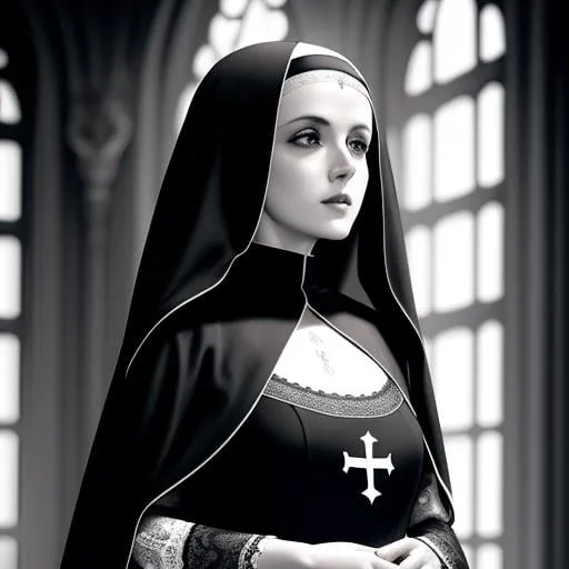 Prompt: beautiful thin goth nun girl, full body shot, 
detailed face, in a gothic bedroom standing looking down into camera,
lace,
black and white image, monochromatic colors, high quality, high resolution, hyper detailed, super detailed, render, CGI winning award, hyper realistic, ultra realistic, UHD, HDR, 64K, RPG, inspired by wlop, UHD render, HDR render
