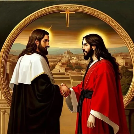 Prompt: Renaissance style oil painting of Jesus Christ shaking hands and making a deal with Satan The Devil, they appear as traditional Biblical characters, and Jesus Christ has a thin circular golden halo above his head and is wearing a traditional white robe from Roman Empire era, and the Devil Satan is wearing red garments and has two large black horns and a long forked and pointed tail, they are both standing on clouds with the Earth in the background, highly detailed faces, clear imagery, fine art style, cherubs are watching from the upper corners, inspired by Michelangelo, similar to the Sistine Chapel murals, and the entire image is bounded by gilded frame like for a museum display