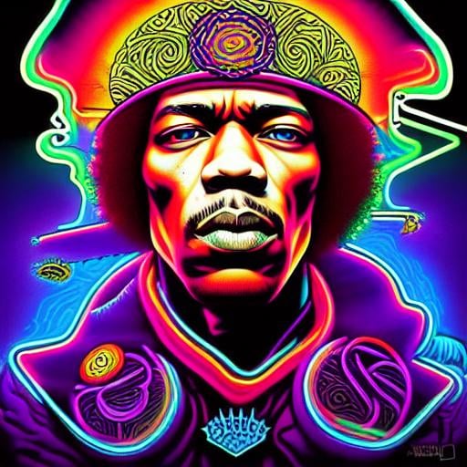 Prompt: Hypnotic illustration of Jimi Hendrix, hypnotic psychedelic art by Dan Mumford, pop surrealism, dark glow neon paint, mystical, Behance