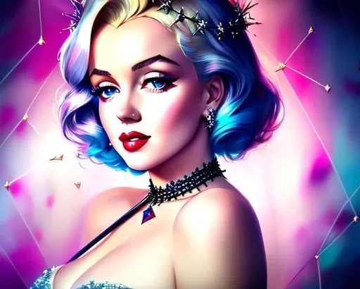 Prompt: portrait of {Marilyn Monroe} with {crown of thorns} placed on her head, smooth soft skin, big dreamy eyes, lips parted, beautiful intricate colored short hair, symmetrical, anime wide eyes, soft lighting, detailed face, concept art, digital painting, looking into camera, crucifixion, shattered glass background