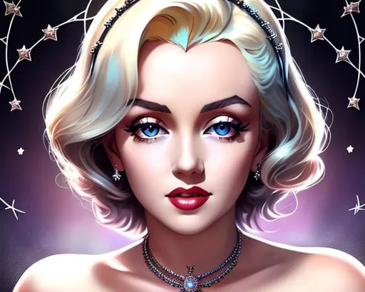 Prompt: portrait of {Marilyn Monroe} with {crown of thorns} placed on her head, smooth soft skin, big dreamy eyes, beautiful intricate colored short hair, symmetrical, anime wide eyes, soft lighting, detailed face, concept art, digital painting, looking into camera, crucifixion, shattered glass background