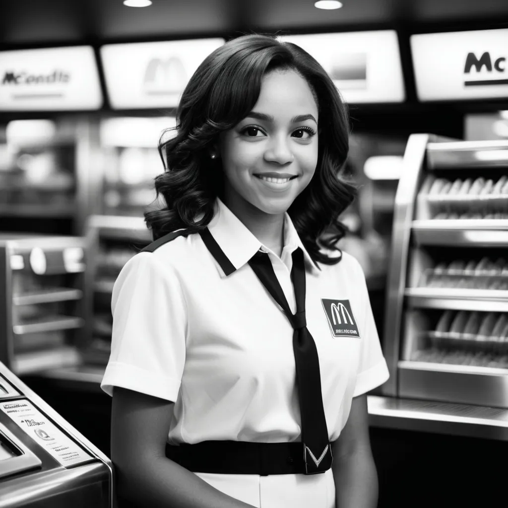 Prompt: Low resolution black-and-white Polaroid-style photograph of a teenage 16 year-old girl resembling a teenage Kamala Harris in a McDonalds restaurant employee uniform, standing by a french fry machine, blur all corporate logos, faded chroma, overexposed f8