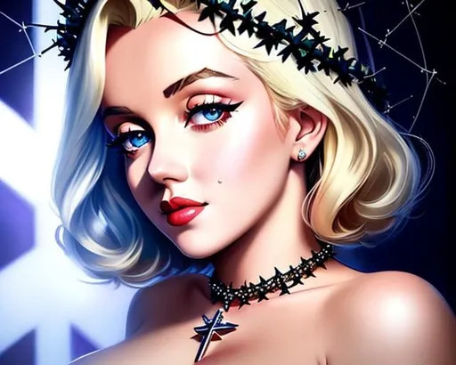 Prompt: portrait of {Marilyn Monroe} with {crown of thorns} placed on her head, smooth soft skin, big dreamy eyes, beautiful intricate colored short hair, symmetrical, anime wide eyes, soft lighting, detailed face, concept art, digital painting, looking into camera, crucifixion, shattered glass background