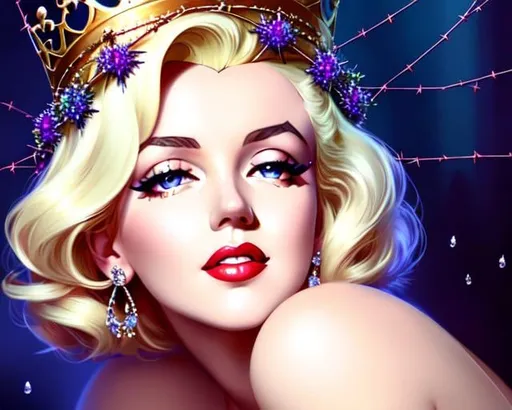 Prompt: portrait of {Marilyn Monroe} with {large crown of thorns} placed on her head, smooth soft skin, big dreamy eyes, lips parted, teardrop, beautiful intricate colored short hair, symmetrical, anime wide eyes, soft lighting, detailed face, concept art, digital painting, looking into camera, crucifixion, shattered glass background