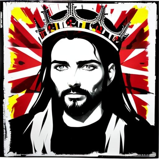 Prompt: 4 identical portraits of iconic Jesus Christ face with crown of thorns, arranged in the 4 color pop art style of Andy Warhol, high contrast images, inspired by Andy Warhol