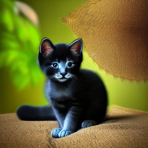 Prompt: fine art of cute {kitten} with {black} fur, {jungle}, full body, perfect composition, hyperrealistic, super detailed, 8k, high quality, trending art, trending on artstation, sharp focus, studio photo, intricate details, highly detailed, by greg rutkowski, and above to the right upper corner a superimposed small thought bubble containing an image of a {panther} pouncing