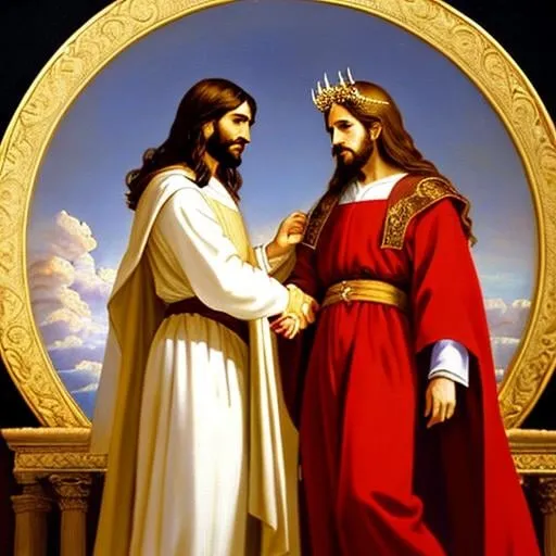Prompt: Renaissance style oil painting of Jesus Christ shaking hands and making a deal with Satan The Devil, they appear as traditional Biblical figures, Jesus Christ has a circular halo and is in traditional white robe, The Devil Satan in red looks evil and has large horns and a long forked and pointed tail, they are standing on clouds with the Earth in the background, highly detailed faces, clear imagery, fine art style, cherubs watching from the upper corners, inspired by Michelangelo, inspired by the Sistine Chapel murals, gilded frame like for a museum display
