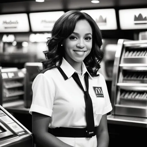 Prompt: Low resolution black-and-white Polaroid-style photograph of a 19 year-old girl resembling 19 year old Kamala Harris in a McDonalds restaurant employee uniform, standing by a french fry machine, blur all corporate logos, faded chroma, overexposed f8