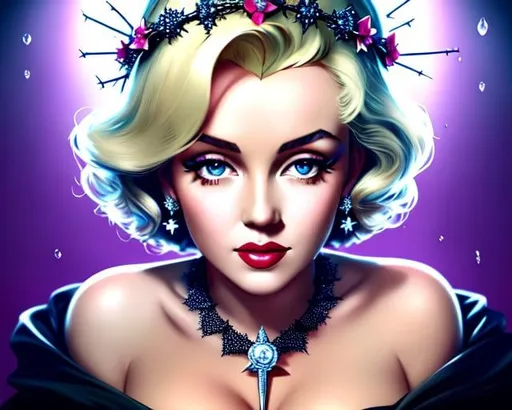 Prompt: portrait of {Marilyn Monroe} with {large crown of thorns} placed on her head, smooth soft skin, big dreamy eyes, lips parted, teardrop, beautiful intricate colored short hair, symmetrical, anime wide eyes, soft lighting, detailed face, concept art, digital painting, looking into camera, crucifixion, shattered glass background