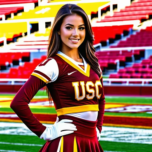 Prompt: gorgeous american USC university cheerleader song girl in cheerleader uniform, full body shot, 
detailed face, shoulder length straight hair, in a football stadium standing looking into camera, saturated colors, high quality, high resolution, hyper detailed, super detailed, render, CGI winning award, hyper realistic, ultra realistic, UHD, HDR, 64K, RPG, UHD render, HDR render
