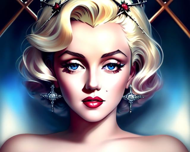 Prompt: portrait of {Marilyn Monroe} with {crown of thorns} placed on her head, crying, smooth soft skin, big dreamy eyes, beautiful intricate colored short hair, symmetrical, anime wide eyes, soft lighting, detailed face, concept art, digital painting, looking into camera, crucifixion