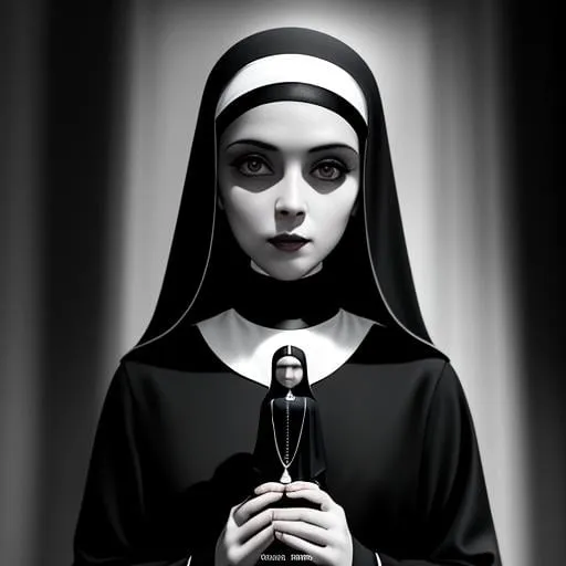 Prompt: thin goth nun girl, full body shot, 
detailed face, in a gothic bedroom standing looking down into camera,
lace,
black and white image, monochromatic colors, high quality, high resolution, hyper detailed, super detailed, render, CGI winning award, hyper realistic, ultra realistic, UHD, HDR, 64K, RPG, inspired by wlop, UHD render, HDR render
