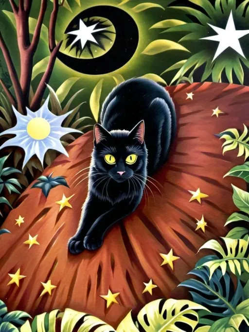 Prompt: black cat in surrealistic jungle setting, hyperrealistic eyes, accurate pupils, eclipsed sun in the sky, stars visible in the sky