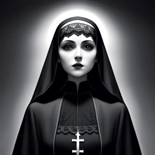 Prompt: beautiful thin goth nun girl, full body shot, 
detailed face, in a gothic bedroom standing looking down into camera,
lace,
black and white image, monochromatic colors, high quality, high resolution, hyper detailed, super detailed, render, CGI winning award, hyper realistic, ultra realistic, UHD, HDR, 64K, RPG, inspired by wlop, UHD render, HDR render
