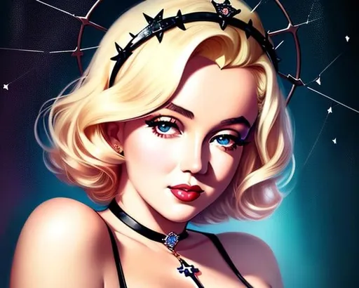 Prompt: portrait of {Marilyn Monroe} with {crown of thorns} placed on her head, smooth soft skin, big dreamy eyes, beautiful intricate colored short hair, symmetrical, anime wide eyes, soft lighting, detailed face, concept art, digital painting, looking into camera, crucifixion, shattered glass background