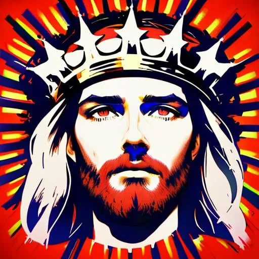 Prompt: 4 identical portraits of iconic Jesus Christ face with crown of thorns, arranged in the 4 color pop art style of Andy Warhol, high contrast images, inspired by Andy Warhol