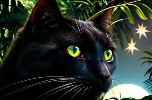 Prompt: black cat in surrealistic jungle setting, hyperrealistic eyes, accurate pupils, eclipsed sun in the sky, stars visible in the sky