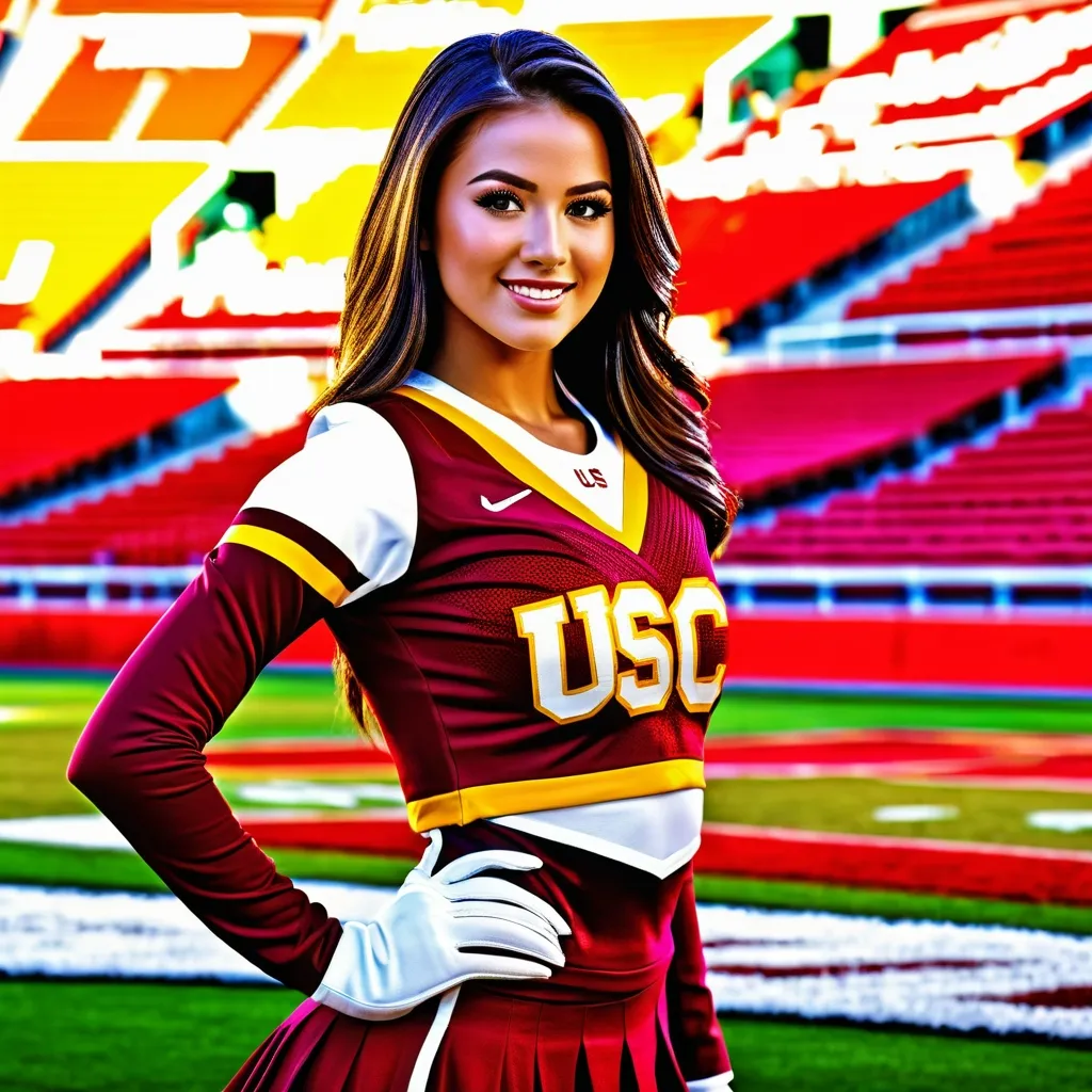 Prompt: gorgeous american USC university cheerleader song girl in cheerleader uniform, full body shot, 
detailed face, shoulder length straight hair, in a football stadium standing looking into camera, saturated colors, high quality, high resolution, hyper detailed, super detailed, render, CGI winning award, hyper realistic, ultra realistic, UHD, HDR, 64K, RPG, UHD render, HDR render
