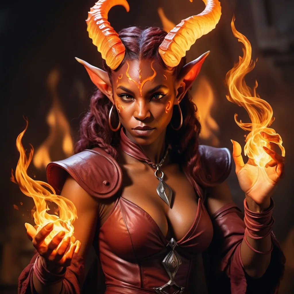 Prompt: Hyper-realistic Tiefling character with fire hands, fantasy character art, illustration, dnd, warm tone, high quality, detailed, professional, fantasy, intense colors, fiery atmosphere, detailed features, realistic, warm lighting