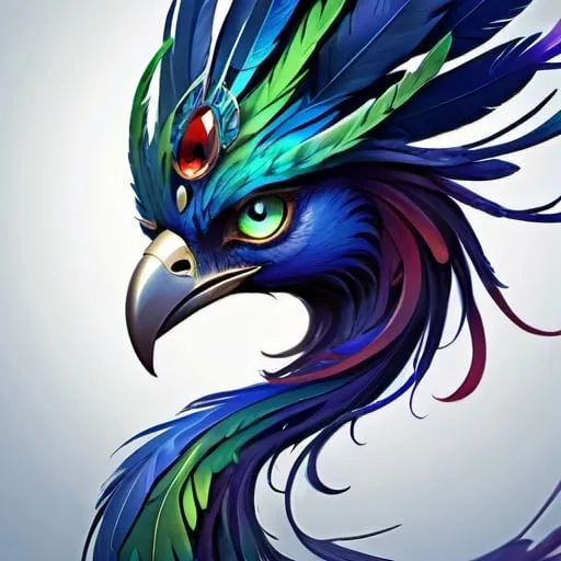 Prompt: Cool-toned digital illustration of a majestic blue phoenix, vibrant shades of blue, purple, and green feathers, long tail with deep blue hues and red-tipped feathers, slightly squinted eyes, detailed green feathers on the head, highres, ultra-detailed, digital art, fantasy, cool tones, mythical creature, detailed eyes, professional, atmospheric lighting