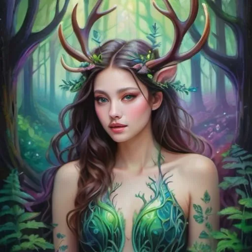 Prompt: Majestic 九色鹿 in a mystical forest, vibrant oil painting, ethereal glowing patterns, intricate antlers with iridescent hues, lush green foliage, magical atmosphere, high quality, oil painting, mystical, vibrant colors, glowing patterns, iridescent antlers, enchanted forest, majestic, detailed, ethereal lighting