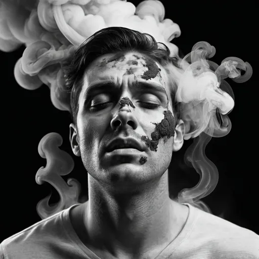 Prompt: Conceptual Grayscale Portrait of a Man in Distress with Abstract Smoke and Ash Effect