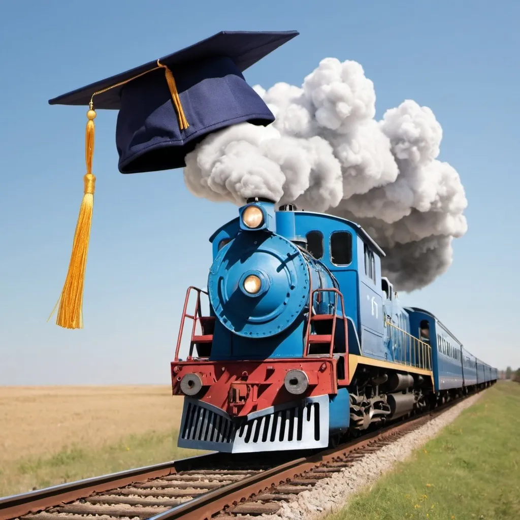 Prompt: Create an image of a train with a graduation cap on its way to a new chapter of its life
