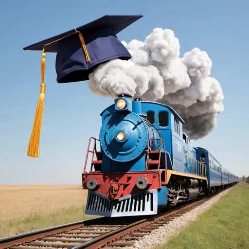 Prompt: Create an image of a train with a graduation cap on its way to a new chapter of its life
