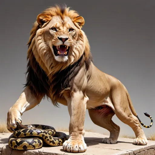Prompt: Lion with body of mairman and have a snake tounge