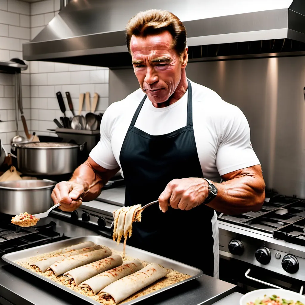 Prompt: Arnold Schwarzenegger cooking shawarma