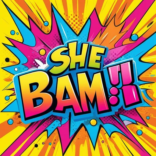 Prompt: Cartoon illustration of the word 'She-Bam', vibrant and colorful, square format, high definition, comic book style, bold and dynamic lettering, pop art, comic book, vibrant colors, high-res, square format, vivid and lively