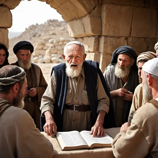 Prompt: An old man is giving his last message to the leaders of Israel in Joshua 23. It is a serious message before he dies. The image should look modern but set in biblical times. Make it different to just normal Bible pictures.