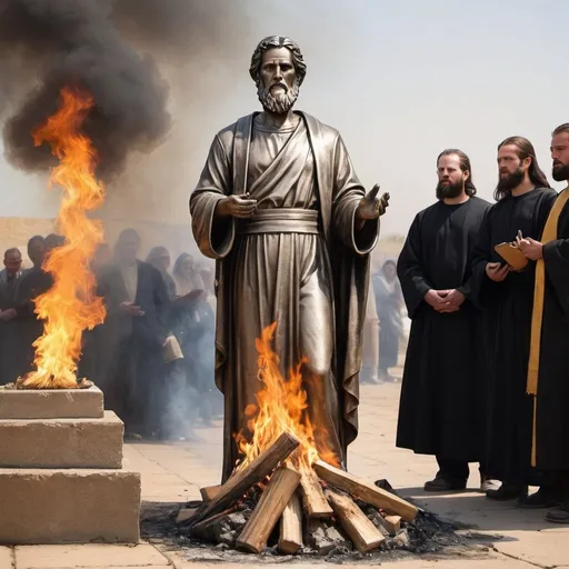 Prompt: The people are getting rid of their idols, maybe by burning, because they have renewed their commitment to serve God alone. Base it on Joshua 24 in the bible. The image should look modern but set in biblical times. Make it different to just normal Bible pictures.