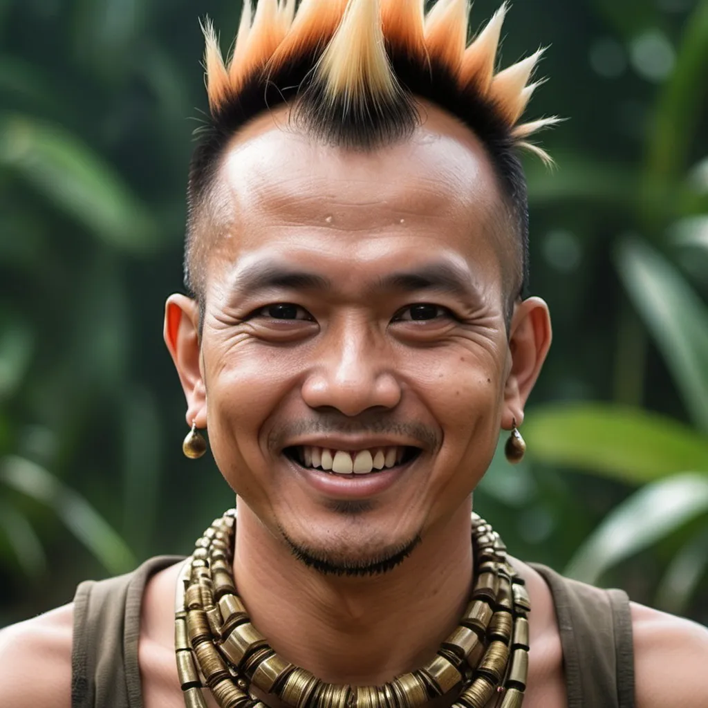 Prompt: a man with a mohawk and a necklace on his neck smiles at the camera with a caption in the middle, Basuki Abdullah, sumatraism, 4 k hd, a character portrait