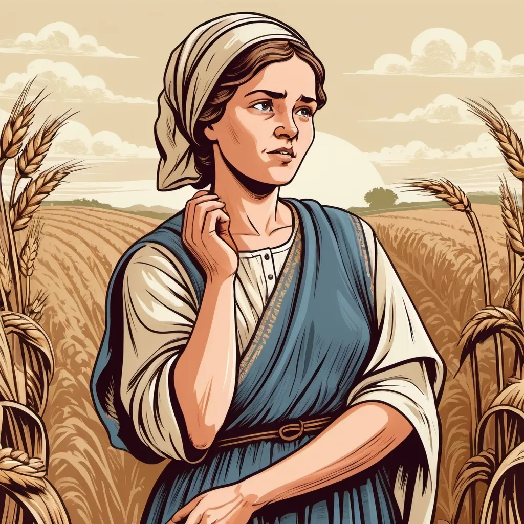 Prompt: Illustration figure of biblical Ruth working in the fields of Boaz, vintage style, a limited number of colors, highly detailed, wholesome, detailed facial expressions, detailed clothing, antique style, high quality, detailed vector illustration, cover art