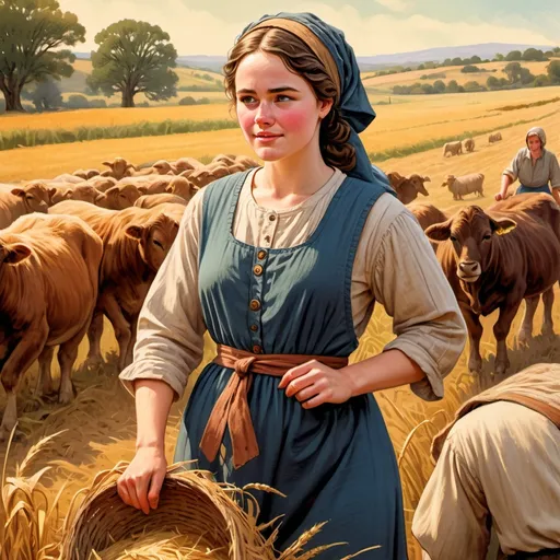 Prompt: Illustration of Ruth working in the fields of Boaz, vintage style, vibrant colors, highly detailed, cover, biblical, traditional art, wholesome, detailed facial expressions, pastoral setting, warm lighting, detailed clothing, rustic atmosphere, antique style, vibrant colors, high quality, detailed, vintage, traditional, pastoral, warm lighting, biblical art, detailed illustration, wholesome atmosphere, cover art