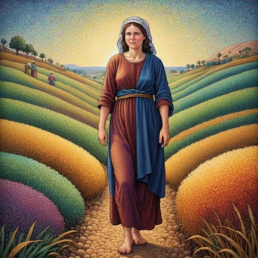 Prompt: story of Ruth from the Bible, focusing on  her work in the fields of Boaz, pointillism style, composed entirely of small, distinct dots of color, vibrant, highly detailed