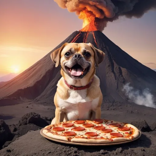 Prompt: A Chug dog eating a pizza on top of a volcano