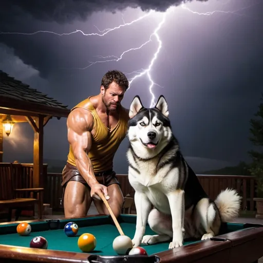 Prompt: Hercules Playing Pool in a lighting storm with a Husky Dog