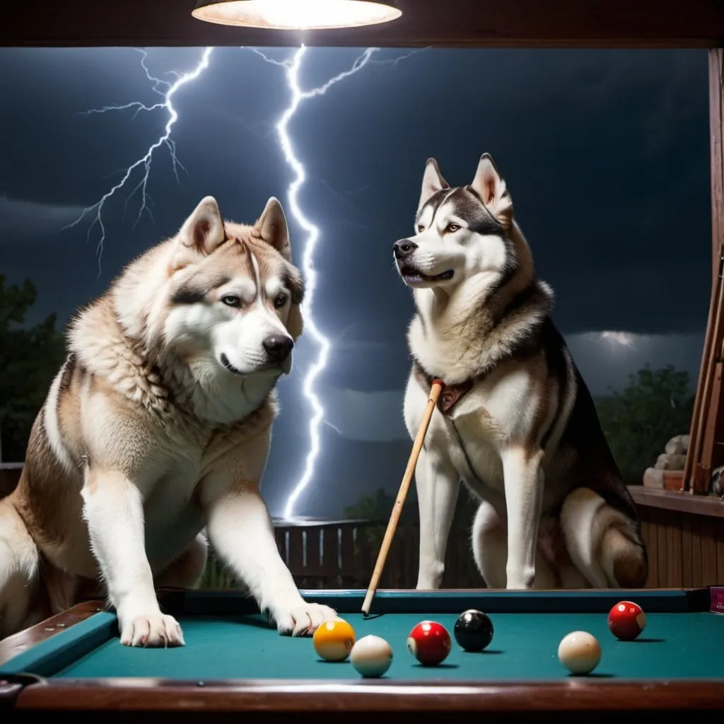 Prompt: Hercules Playing Pool in a lighting storm with a Husky Dog