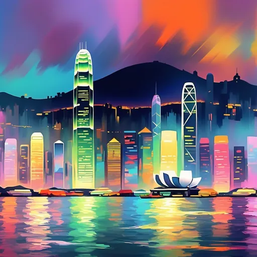 Prompt: Hong Kong skyline (Monet style), vibrant colors, impressionistic brush strokes, atmospheric perspective, soft light and shadow play, dynamic skyline silhouettes, harbor reflections, tranquil water with visual texture, peaceful ambiance, enchanting urban landscape, captivating fusion of natural beauty and modern architecture, ultra-detailed, 4K.