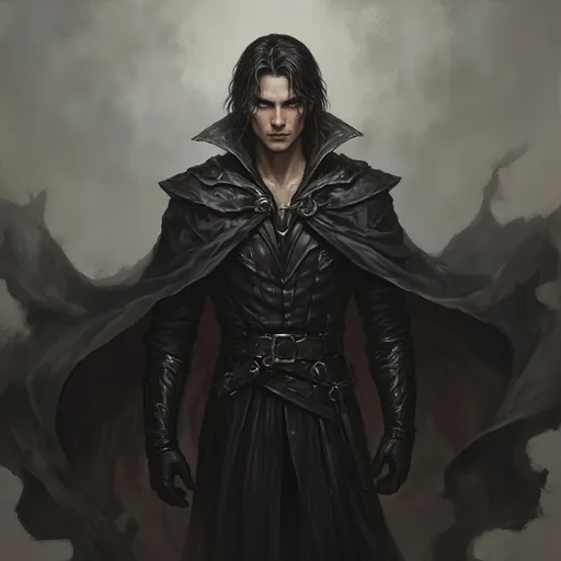 Prompt: Main Character (beautiful portrait oil painting), light skin, handsome features, (sharp eyes), (defined sharp jawline), dark hair (medium to long length), wearing all dark colors, flowing cloak billowing behind him, gloves, (epic fantasy atmosphere), intricate details in fabric and texture, dramatic lighting casting shadows, ultra-detailed, handsome. 