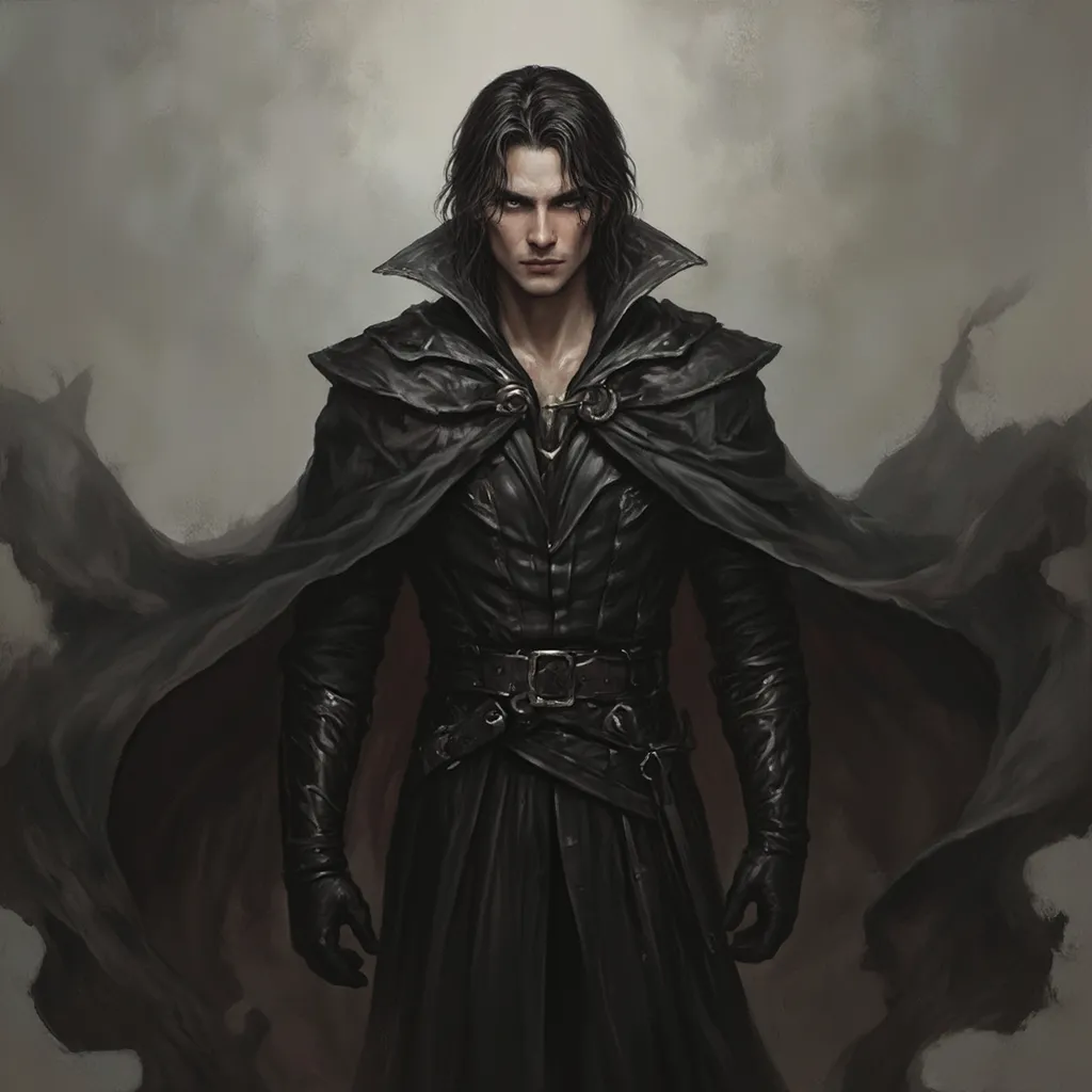 Prompt: Main Character (beautiful portrait oil painting), light skin, handsome features, (sharp eyes), (defined sharp jawline), dark hair (medium to long length), wearing all dark colors, flowing cloak billowing behind him, gloves, (epic fantasy atmosphere), intricate details in fabric and texture, dramatic lighting casting shadows, ultra-detailed, handsome. 