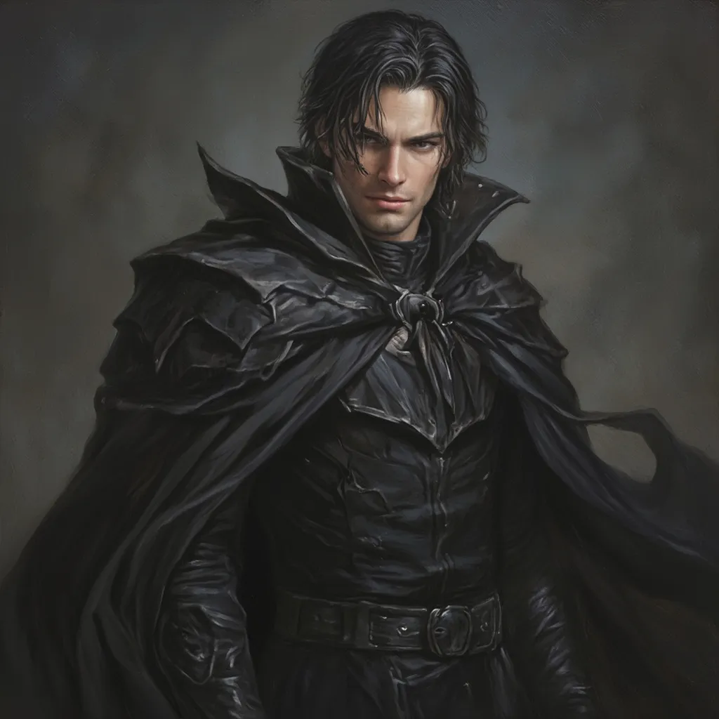 Prompt: Main Character (beautiful portrait oil painting), light skin, handsome features, (sharp eyes), (defined sharp jawline), dark hair (medium to long length), wearing all dark colors, flowing cloak billowing behind him, gloves, (epic fantasy atmosphere), intricate details in fabric and texture, dramatic lighting casting shadows, ultra-detailed, handsome.  Slight frown in expression, half smile. 