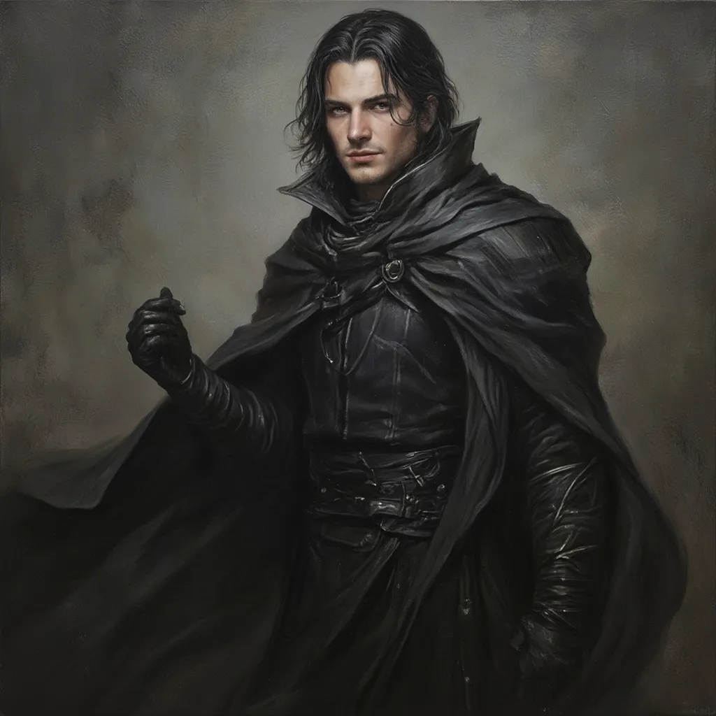 Prompt: Main Character (beautiful portrait oil painting), light skin, handsome features, (sharp eyes), (defined sharp jawline), dark hair (medium to long length), wearing all dark colors, flowing cloak billowing behind him, gloves, (epic fantasy atmosphere), intricate details in fabric and texture, dramatic lighting casting shadows, ultra-detailed, handsome. 