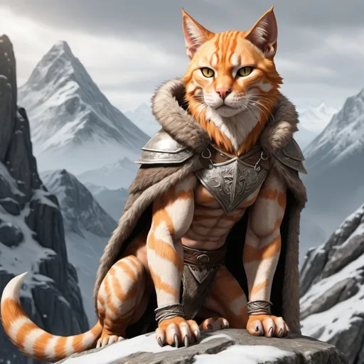 Prompt: A n ultra realistic Skyrim style full body portrait of an orange tabby muscular male khajit warrior with slightly small head, a  dagger and a wolf fur cloak.  There is a dragon circling a mountain in the background.  Don't forget the dragon 