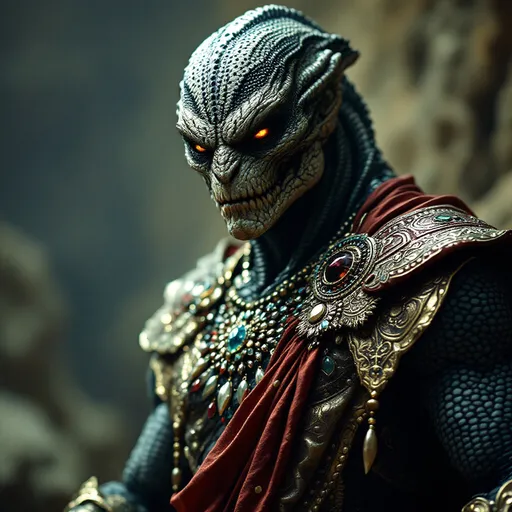 Prompt: in comic book villain style, A fierce and commanding figure dominates the scene, characterized by a starkly textured, reptilian appearance, complete with a distinctive spotted head and intricate facial features that evoke a sense of intimidation. Clad in an ornate and embellished costume, featuring metallic tones and colorful detailing, the individual conveys a regal yet menacing presence, possibly within a cosmic or alien-themed environment. The shadows and highlights of the lighting emphasize the unique textures of the attire, driving the eye towards the elaborate elements like the jeweled sash across the chest. The overall composition suggests a narrative rich in conflict and power dynamics, echoing themes commonly found in science fiction or fantastical storytelling.
