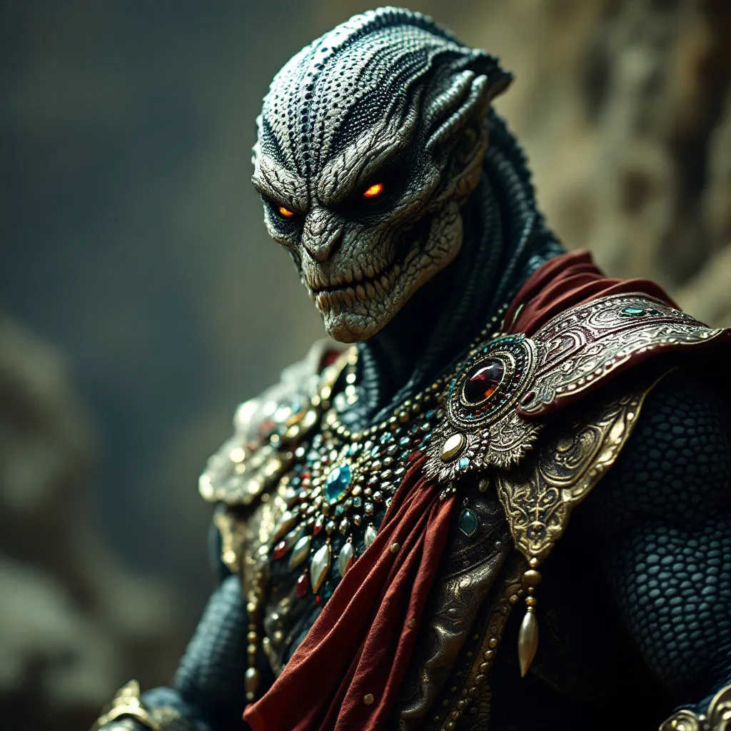 Prompt: in comic book villain style, A fierce and commanding figure dominates the scene, characterized by a starkly textured, reptilian appearance, complete with a distinctive spotted head and intricate facial features that evoke a sense of intimidation. Clad in an ornate and embellished costume, featuring metallic tones and colorful detailing, the individual conveys a regal yet menacing presence, possibly within a cosmic or alien-themed environment. The shadows and highlights of the lighting emphasize the unique textures of the attire, driving the eye towards the elaborate elements like the jeweled sash across the chest. The overall composition suggests a narrative rich in conflict and power dynamics, echoing themes commonly found in science fiction or fantastical storytelling.